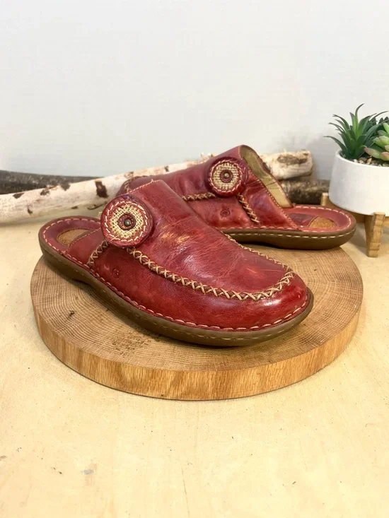 Børn Red Leather Whipstitch Mules Slip On Clogs Women’s Size 9 - Picture 3 of 14
